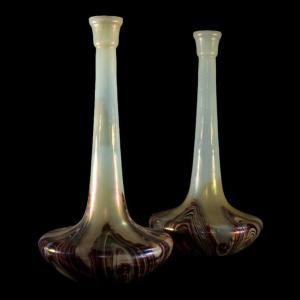 Wilhelm Kralik & Sohn Bohème, Pair Of Glass Paste Vases, Art Nouveau Iridescent Glass, Ca 1900